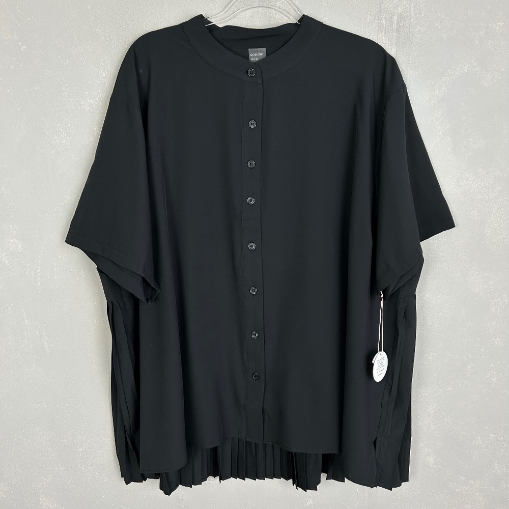 Cotidie Ada top plus size 4XL black button front pleat back high collar NEW